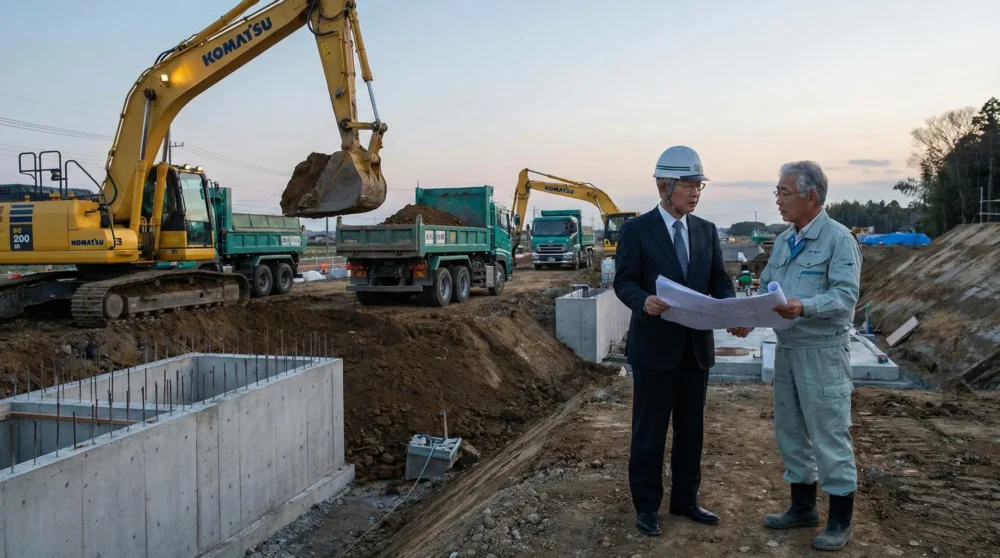 土木工事業界のM&Aで事業承継と発展を考える経営者が現場で打ち合わせる様子