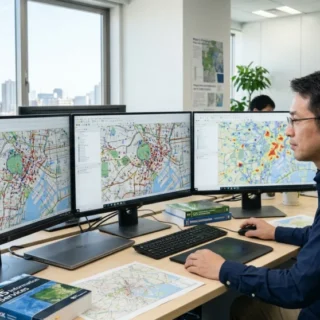 地図情報サービスのM&Aと会社売却で、高精度なデジタル地図データを操作する専門家と複数のモニターが並ぶオフィスのイメージ。