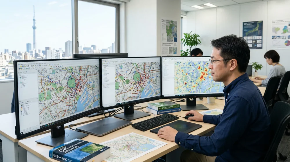 地図情報サービスのM&Aと会社売却で、高精度なデジタル地図データを操作する専門家と複数のモニターが並ぶオフィスのイメージ。