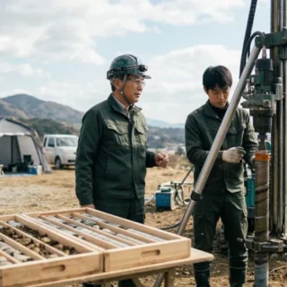 地質調査現場でボーリングリグと従業員を見守るオーナー経営者の写真。会社売却やM&Aによる事業承継を象徴。