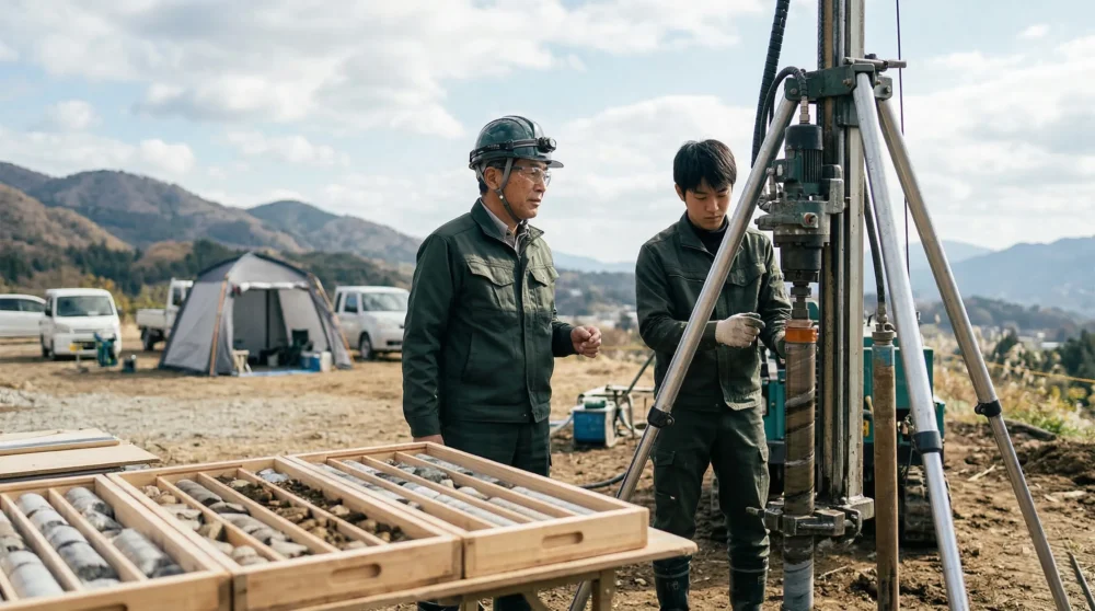 地質調査現場でボーリングリグと従業員を見守るオーナー経営者の写真。会社売却やM&Aによる事業承継を象徴。