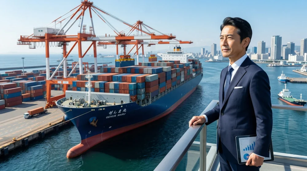 外航海運のM&A・会社売却に向けて、巨大なコンテナ船が接岸する港で事業の未来を見据える経営者の様子