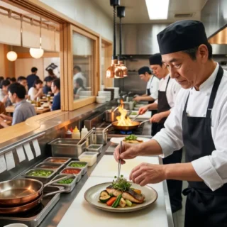 外食産業のM&Aや会社売却を検討中のオーナーへ、活気ある厨房でシェフが料理を仕上げる賑わう店内の様子を描いた写真