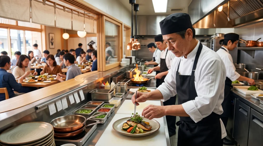 外食産業のM&Aや会社売却を検討中のオーナーへ、活気ある厨房でシェフが料理を仕上げる賑わう店内の様子を描いた写真