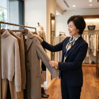 婦人服店M&A・会社売却で、ブティックのブランドを継承する事業承継のイメージを示す、洋服を選ぶ経営者の様子