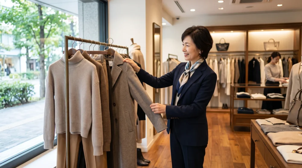 婦人服店M&A・会社売却で、ブティックのブランドを継承する事業承継のイメージを示す、洋服を選ぶ経営者の様子