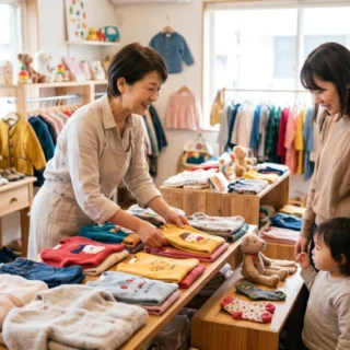 子供服小売業のM&Aと会社売却をイメージした、賑わう店内の様子と経営を引き継ぐ様子を表す写真。