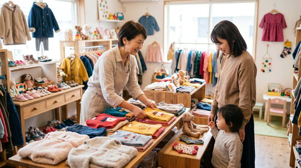 子供服小売業のM&Aと会社売却をイメージした、賑わう店内の様子と経営を引き継ぐ様子を表す写真。