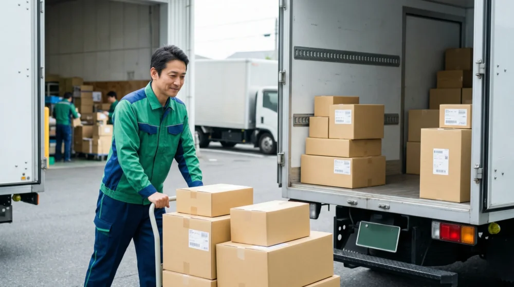 宅配便事業のM&A・会社売却を検討する経営者に。配送拠点で荷物を運ぶ信頼できるドライバーの姿を捉えた写真。