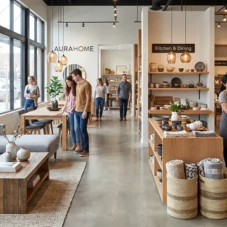 家具・インテリア・生活雑貨業界のM&Aや会社売却に向け、美しい商品棚や家具の陳列、買い物客で賑わう店内を表現した写真。