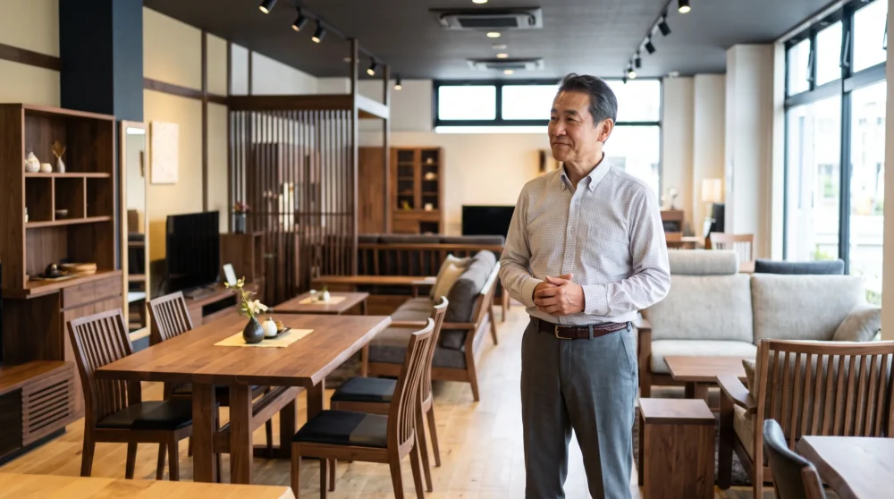 家具店のM&A・会社売却で、こだわりの家具や店舗を引き継ぐ事業承継のイメージを表すショールームの写真
