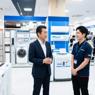 家電量販店のM&A・会社売却で、活気ある店舗と最新の家電製品の販売網を引き継ぐ事業承継のイメージを表す写真