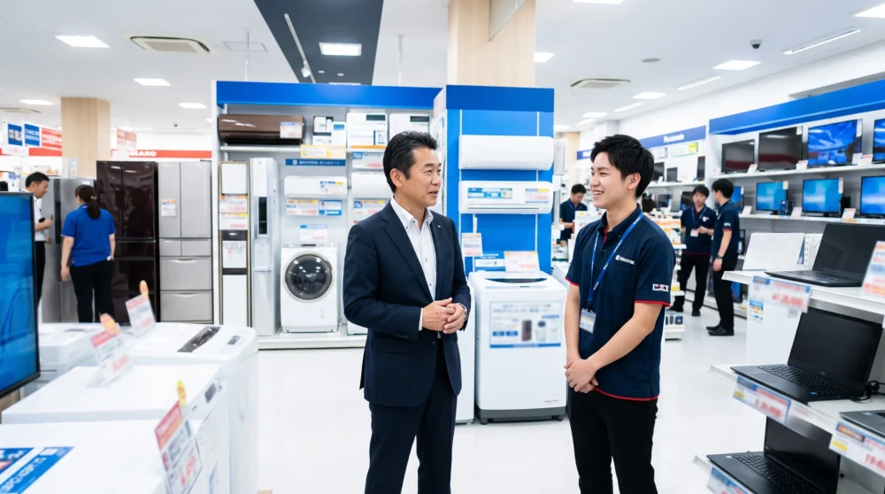家電量販店のM&A・会社売却で、活気ある店舗と最新の家電製品の販売網を引き継ぐ事業承継のイメージを表す写真