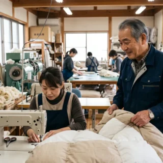 寝具業界のM&A・会社売却に向け、職人が布団の縫製や品質確認を行う丁寧なものづくりの風景