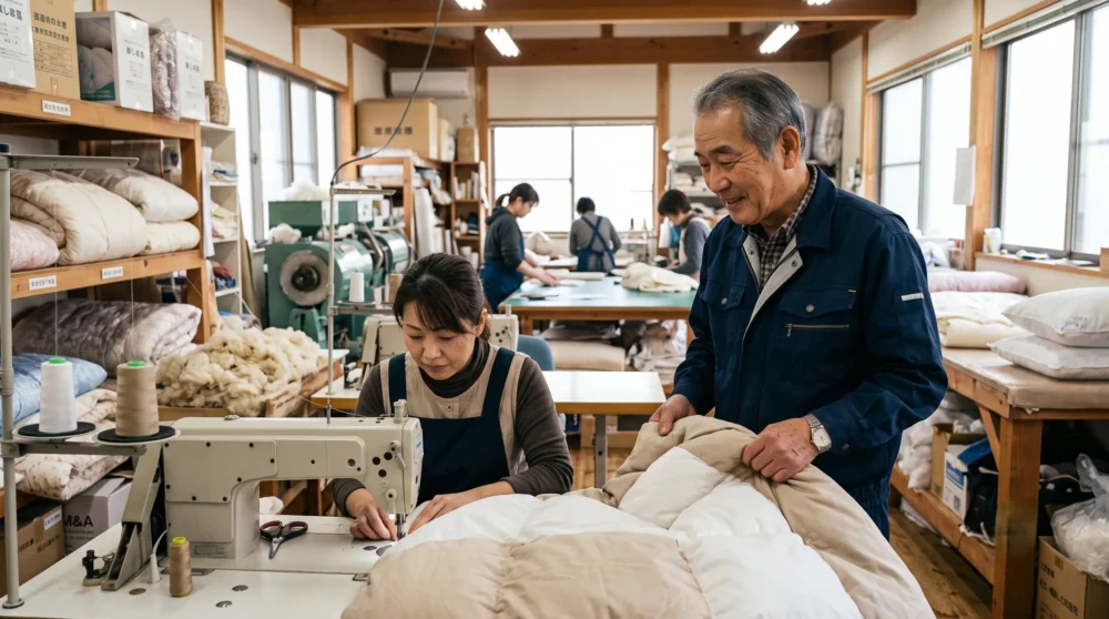 寝具業界のM&A・会社売却に向け、職人が布団の縫製や品質確認を行う丁寧なものづくりの風景