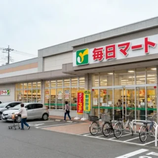 小売チェーン店のM&A・会社売却による事業承継をイメージした、買い物客が行き交う食品スーパーの店舗外観写真。
