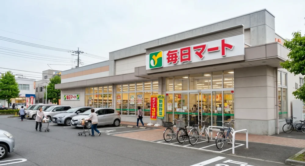 小売チェーン店のM&A・会社売却による事業承継をイメージした、買い物客が行き交う食品スーパーの店舗外観写真。