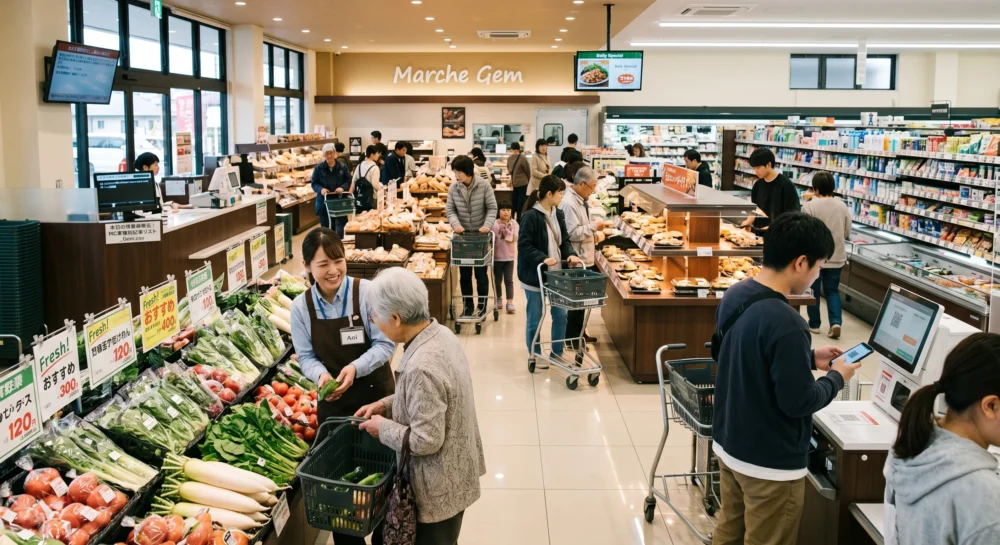 小売業のM&Aや会社売却を考える経営者へ、商品棚や買い物客で賑わうスーパーの店内とレジ、陳列された商品を捉えた写真