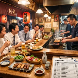 居酒屋のM&Aや会社売却を検討中のオーナーへ、賑わうカウンター席で店主が調理する活気ある店内の写真。