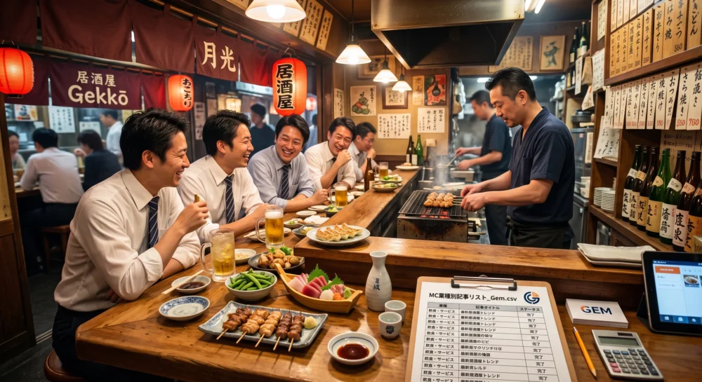 居酒屋のM&Aや会社売却を検討中のオーナーへ、賑わうカウンター席で店主が調理する活気ある店内の写真。