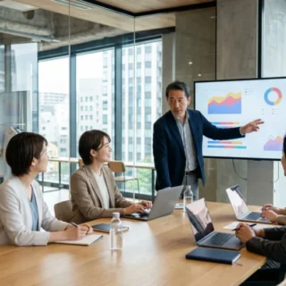 広告代理店のM&A・会社売却で、経営者がスタッフと未来の戦略を語るモダンなオフィスでの会議風景。