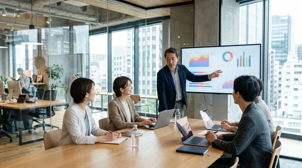 広告代理店のM&A・会社売却で、経営者がスタッフと未来の戦略を語るモダンなオフィスでの会議風景。