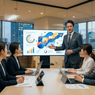 モダンなオフィスで広告戦略を練る日本人チームの姿。広告業界のM&Aや会社売却を検討する経営者に向けたイメージ。