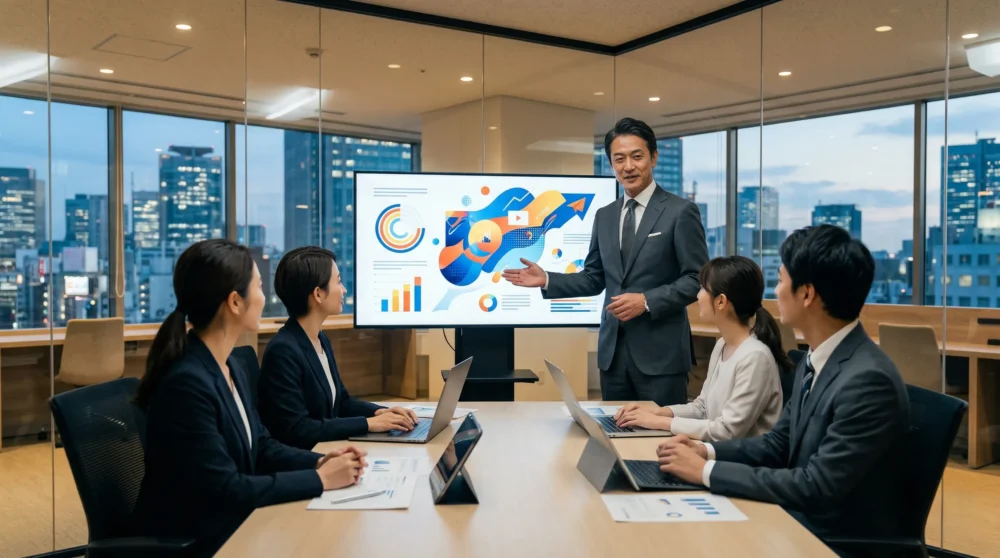 モダンなオフィスで広告戦略を練る日本人チームの姿。広告業界のM&Aや会社売却を検討する経営者に向けたイメージ。