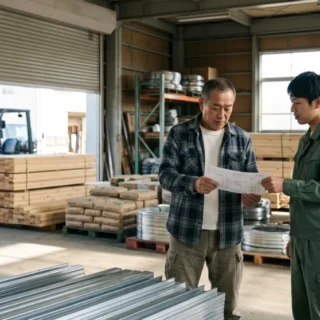 建材卸業のM&Aと会社売却における、倉庫内の多様な在庫と従業員が働く様子を描いた信頼感のある実写風画像です。