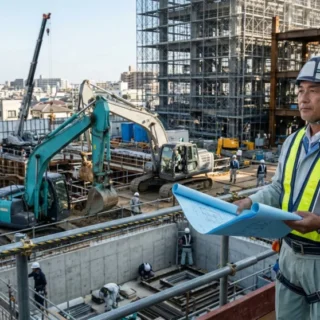建築・土木工事現場で重機や建物を見守る経営者の姿。M&Aや会社売却による事業承継の重要性を表す写真。