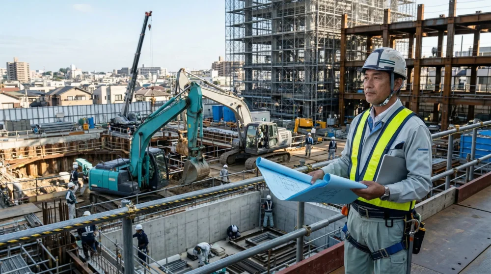 建築・土木工事現場で重機や建物を見守る経営者の姿。M&Aや会社売却による事業承継の重要性を表す写真。