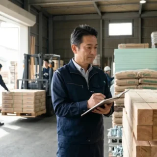 建築資材業界のM&A・会社売却に向けて、倉庫で資材を確認する経営者の姿を描く事業承継のイメージ写真