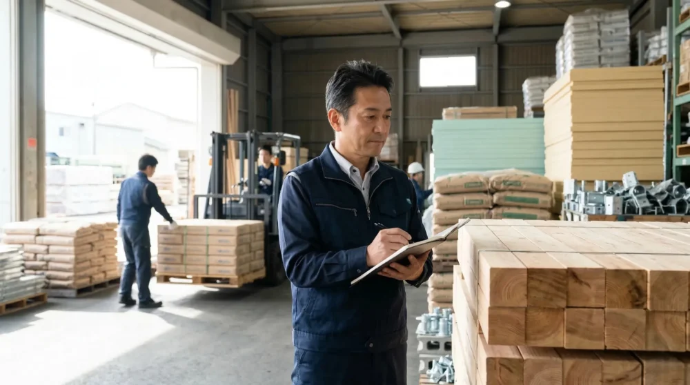 建築資材業界のM&A・会社売却に向けて、倉庫で資材を確認する経営者の姿を描く事業承継のイメージ写真