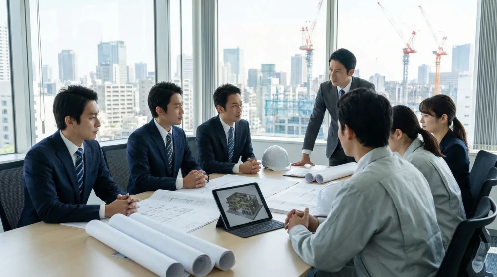 建設コンサルティング業のM&A・会社売却で、専門的な知見や顧客基盤を引き継ぐ戦略的な会議室の写真