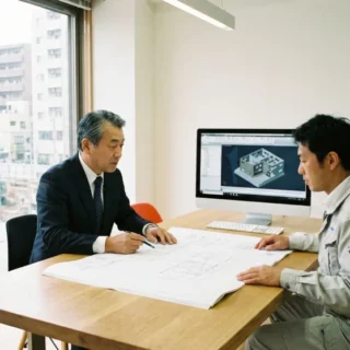 建設設計・測量・コンサルのM&A・会社売却で、経営者と技術者が図面や測量機を前に事業承継を協議するオフィス写真。