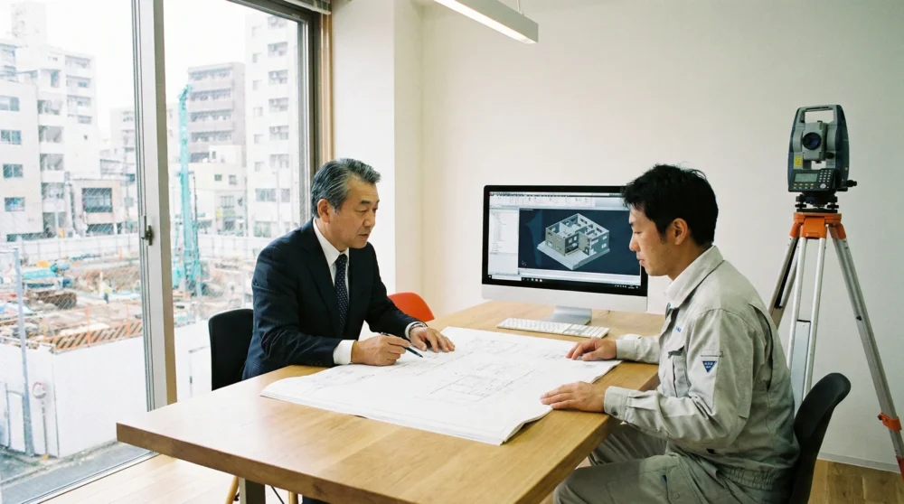 建設設計・測量・コンサルのM&A・会社売却で、経営者と技術者が図面や測量機を前に事業承継を協議するオフィス写真。