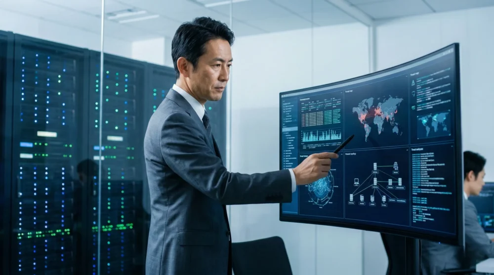 情報セキュリティ業界のM&Aと会社売却で、高度な技術と人材を引き継ぐイメージ画像。データセンターを監視する様子。