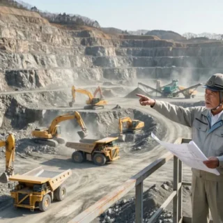 採石業のM&Aと会社売却を検討する経営者のための、広大な岩石採取現場と大型重機が稼働する風景。