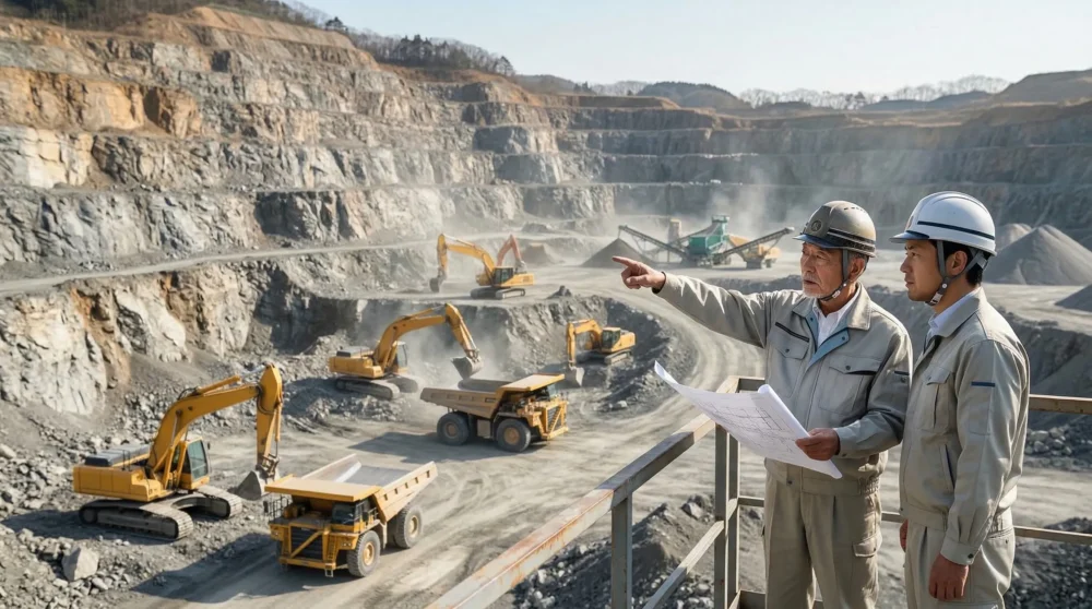 採石業のM&Aと会社売却を検討する経営者のための、広大な岩石採取現場と大型重機が稼働する風景。