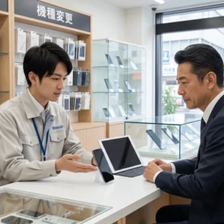 携帯ショップのM&A・会社売却で、信頼できる従業員と経営を引き継ぐイメージを表す店舗内写真。最新スマホが並ぶカウンターでの相談風景。