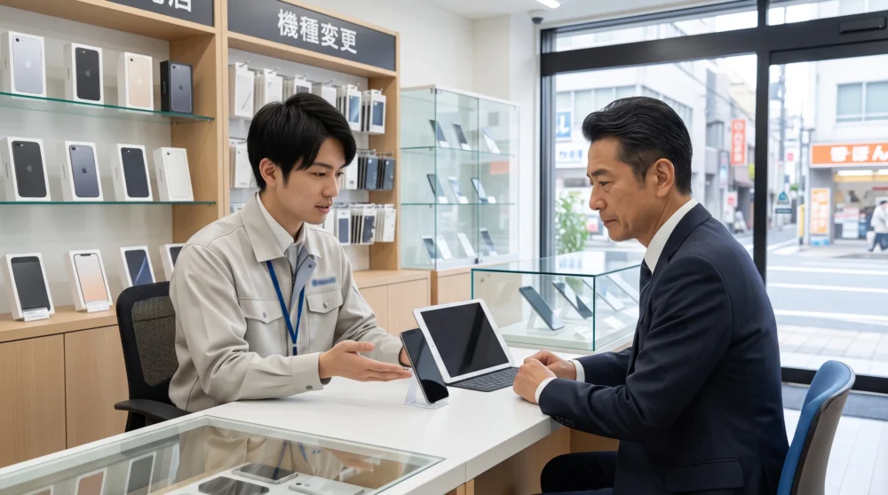携帯ショップのM&A・会社売却で、信頼できる従業員と経営を引き継ぐイメージを表す店舗内写真。最新スマホが並ぶカウンターでの相談風景。