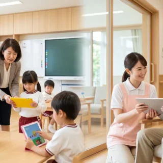 教育・福祉業界のM&A・会社売却で、質の高い教育と介護事業を継承させるイメージの現代的な教室と介護施設の写真。