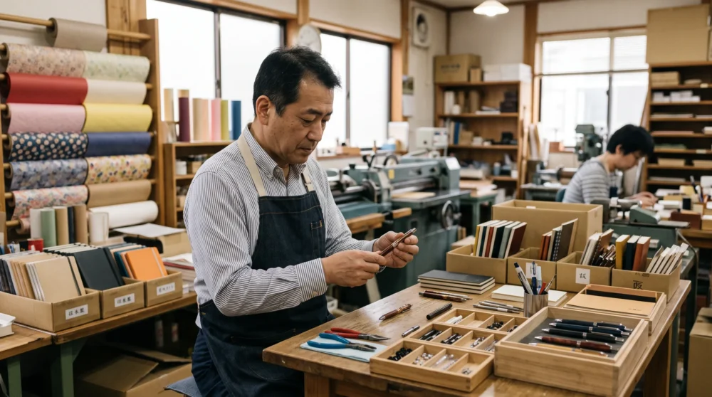 伝統的な工房で職人が筆記具を検品する姿は、文具メーカーのM&A・会社売却において独自の技術とブランド力を承継する重要性を象徴しています。