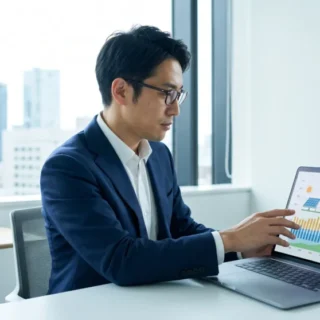 新電力会社のM&A・会社売却を検討する際、再生可能エネルギーデータの活用と経営体制の承継をイメージさせるオフィス写真