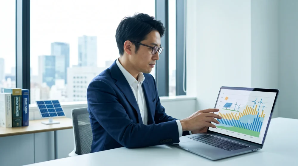 新電力会社のM&A・会社売却を検討する際、再生可能エネルギーデータの活用と経営体制の承継をイメージさせるオフィス写真
