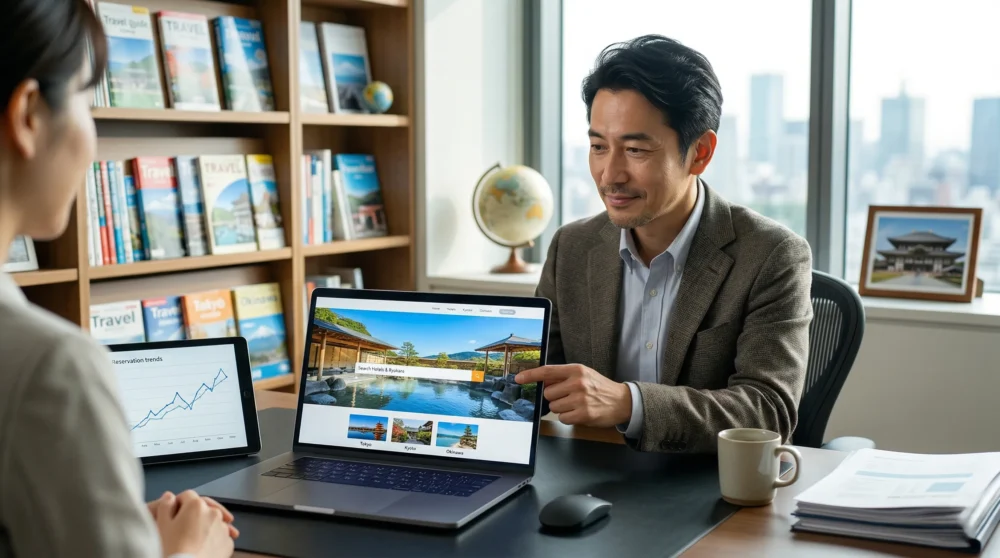 旅行サイトのM&Aと会社売却において、Webサービスの成長と事業継承をイメージした、オフィスで働く経営者の様子。