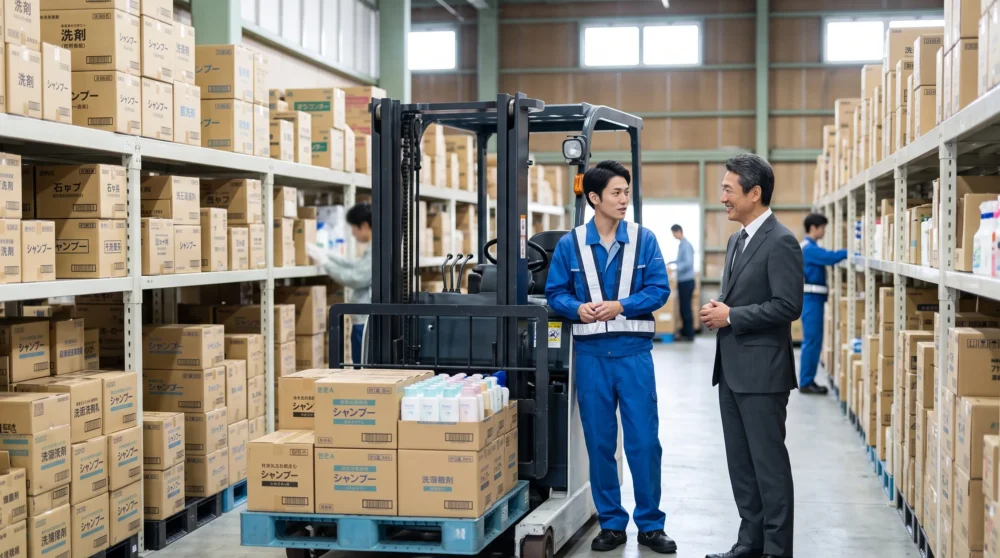 日用品卸企業のM&Aにおける会社売却と物流倉庫の経営引き継ぎを象徴する、活気ある倉庫風景の画像