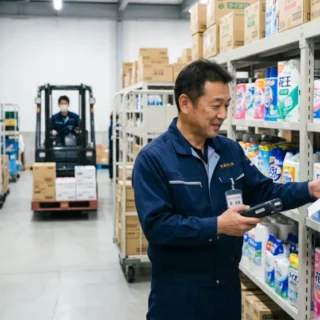 日用雑貨業界のM&A・会社売却で安定した物流と顧客基盤を引き継ぐ事業承継のイメージを表す倉庫内の実写写真。