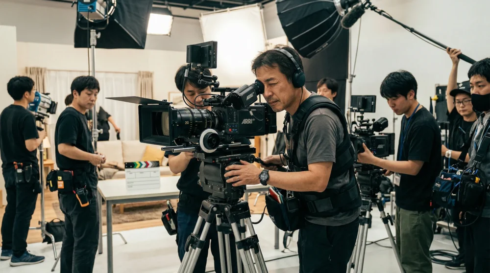 プロフェッショナルな機材で撮影を進める映画制作会社のM&A・会社売却を表現する、活気ある現場の写真。