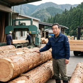 木材業のM&A・会社売却に向けて、貯木場で自社製品の丸太を検収するオーナー経営者の姿。事業承継をイメージ。